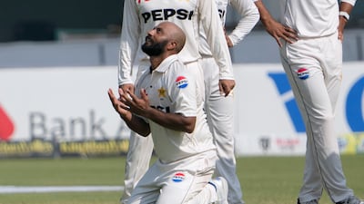 Pakistan's Sajid Khan celebrates after taking his fifth wicket during the third day of the second test cricket match between Pakistan and England, in Multan, Pakistan, Thursday, Oct. 17, 2024. (AP Photo/K. M. Chaudary)