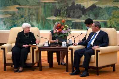 US Treasury Secretary Janet Yellen speaks with Chinse Premier Li Qiang. AFP