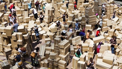 Children and adults can sign up for We Built This City, by Polyglot Theatre, a free-for-all event that involves building structures from cardboard boxes, now at New York University Abu Dhabi. Photo by Ponch Hawkes