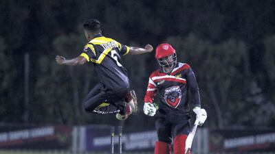 Panthers' Ronak Panoly is bowled by Tigers' Harikrishnan Valloli during the Karwan Rising Stars F40 Final. Chris Whiteoak / The National