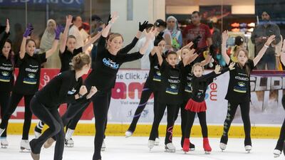 Kids participate in an ice-skating workshop with the cast of Disney on Ice presents Rockin’ Ever After at Dubai Ice Rink in The Dubai Mall. Jaime Puebla / The National