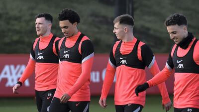 Andy Robertson, Trent Alexander-Arnold, Ben Woodburn and Diogo Jota during training. Getty
