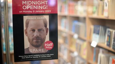 A poster advertising the publication of the book 'Spare' by Britain's Prince Harry is displayed in London on Friday morning. The book is already creating headlines, before being released next week. AFP
