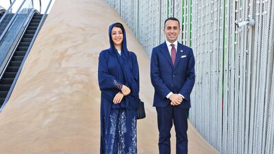 Italian Foreign Minister Luigi Di Maio with Reem Al Hashimy, Minister of State for International Co-operation and director general of Expo 2020, near the Italian pavilion. AFP