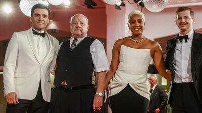 'The Card Counter' team Oscar Isaac, Paul Schrader, Tiffany Haddish and Tye Sheridan arrive for the premiere. AFP