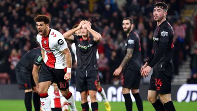 Che Adams celebrates after scoring his, and Southampton's, second goal. Getty