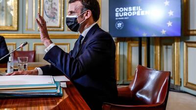 French President Emmanuel Macron attends a European Union summit over video conference at the Elysee Palace in Paris. AFP