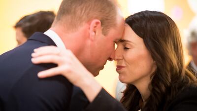 Prince William, Duke of Cambridge is greeted with a Hongi, a traditional Maori greeting, by Prime Minister Jacinda Ardern. The New Zealand Government via Getty Images
