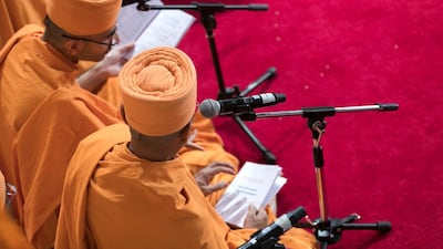 The shilanyas vidhi of the first traditional Hindu temple in the UAE is performed in the holy presence of His Holiness Mahant Swami Maharaj, the spiritual leader of BAPS Swaminarayan Sanstha.
