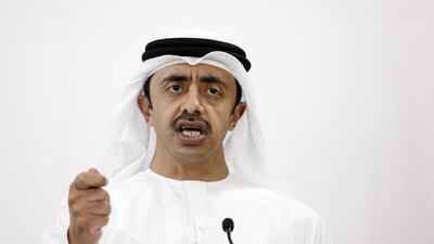 Foreign minister Sheikh Abdullah bin Zayed Al Nahyan addresses a news conference about the UAE's involvement in Yemen. Christopher Pike / The National