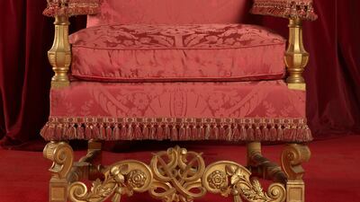 The Chair of Estate made for Prince Philip after the coronation to accompany the Queen’s Chair of Estate in the throne room at Buckingham Palace. Courtesy Royal Collection Trust