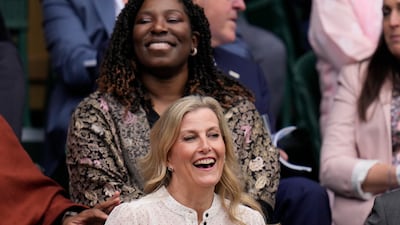 Sophie, Countess of Wessex, watches the women's singles semi finals match between Germany's Angelique Kerber and Australia's Ashleigh Barty on day 10 of the Wimbledon Tennis Championships in London.