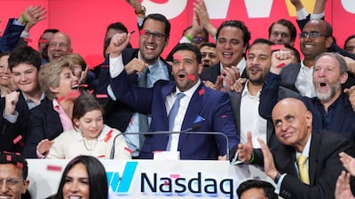 Swvl chief executive Mostafa Kandil and chief financial officer Youssef Salem celebrate as Swvl makes its Nasdaq debut on Thursday. Photo: Swvl