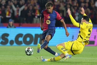 Barcelona's Lamine Yamal scores his team's fourth goal against Dortmund. AFP