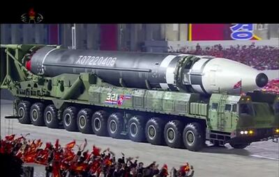 What appears to be a new North Korean intercontinental ballistic missile during a military parade marking the 75th anniversary of the founding of the Workers' Party of Korea. AP/KCNA