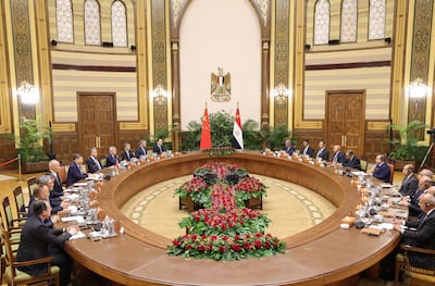 Chinese President Xi Jinping and Egyptian President Abdel Fattah El Sisi holding talks in Cairo on Wednesday. AFP