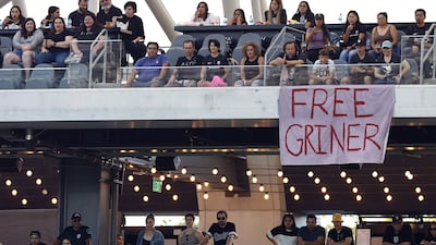 A sign for Griner is displayed during a game between Portland Thorns FC and Angel City FC at Banc of California Stadium in Los Angeles, California. Getty Images / AFP