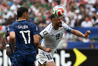 Iraq's forward Aymen Hussein heads the ball past France's defender William Saliba. AFP
