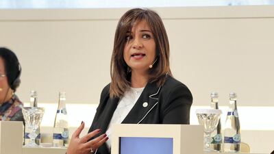 Dr Nabila Makram, Minister of State for Migration and Egyptian Affairs Abroad, speaks during an all-women panel discussion at the Global Conference of Human Fraternity. Chris Whiteoak / The National
