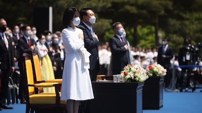 Yoon and Kim at Yoon's inauguration ceremony in Seoul in May 2022. Getty