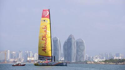 Abu Dhabi Ocean Racing's Azzam shown arriving at Sanya, China on Tuesday at the conclusion of the Volvo Ocean Race's Leg 3. Rick Tomlinson / Volvo Ocean Race / Getty Images / January 27, 2015