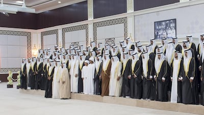 Sheikh Mohammed, Sheikh Tahnoon bin Mohammed, Sheikh Sultan bin Zayed, Sheikh Saud bin Saqr Al Qasimi UAE Supreme Council Member and Ruler of Ras al-Khaimah, and Sheikh Hamad, stand for a photograph. Rashed Al Mansoori / Crown Prince Court - Abu Dhabi