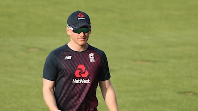 PUNE, INDIA - MARCH 25: Eoin Morgan of England is seen with tape on his injured hand during a England Net Session at Maharashtra Cricket Association Stadium on March 25, 2021 in Pune, India. (Photo by Surjeet Yadav/Getty Images)