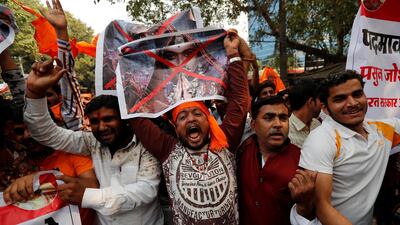 Members of India's Rajput community protest against the release of the Bollywood movie Padmavat in Mumbai city on January 12, 2018. India's supreme court cleared the film for screening six days later. Danish Siddiqui / Reuters