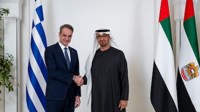 President Sheikh Mohamed with Kyriakos Mitsotakis, Prime Minister of Greece, ahead of a meeting at Al Shati Palace in Abu Dhabi on Thursday. Photo: UAE Presidential Court