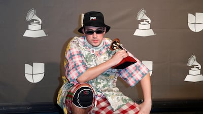 Bad Bunny poses with the Best Urban Music Album award in the press room during the 20th annual Latin Grammy Awards ceremony at the MGM Grand Garden Arena in Las Vegas, Nevada, USA on November 14, 2019. Bad Bunny has been nominated for a total of 14 Latin Grammy Awards. EPA