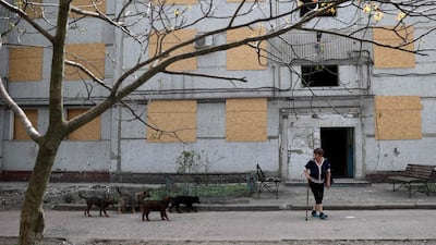 Local resident Kateryna, 77-years-old, walks with a litter of puppies, which she feeds in the yard of her bomb-damaged apartment block in the town of Kurakhove. AFP
