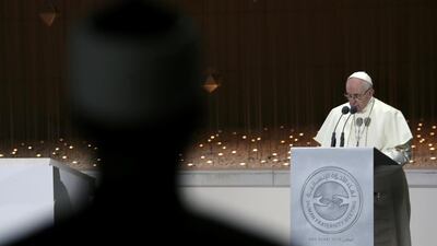 Pope Francis speaks during an inter-faith meeting at the Founder's Memorial in Abu Dhabi. Reuters