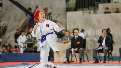 March 4 ,2018. Jiu Jitsu World Championship Juniors and Aspirants 2018. Mixed Under 21. Irina Zhuravleva of Russia stomps on her partner Artem Kaplunenko in their match with Italy. Victor Besa / The National Sports