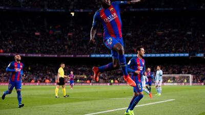 Samuel Umtiti of Barcelona celebrates after scoring his team’s fourth goal. Alex Caparros / Getty Images
