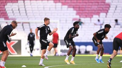 Joshua Kimmich, Alphonso Davies and Kingsley Coman of Bayern Munich during their last training session before the final. Getty