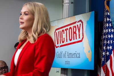 A 'Gulf of America' sign appears behind White House press secretary Karoline Leavitt. EPA