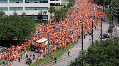 Netherlands fans gather on their way to the stadium before the match against Sweden, in Houston. Reuters
