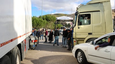 Lebanese lorry drivers block the road on Lebanon's side of the Masnaa-Jdaidt Artouz border crossing on February 10 in protest against Syria's decision to ban the entry of non-Syrian cargo vehicles. AFP