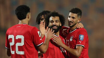 Soccer Football - World Cup - CAF Qualifiers - Group A - Egypt v Djibouti - Cairo International Stadium, Cairo, Egypt - November 16, 2023 Egypt's Mohamed Salah celebrates scoring their fourth goal with teammates REUTERS / Amr Abdallah Dalsh