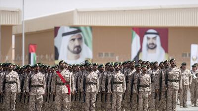 National Service military personnel participate in a parade to mark the 40th anniversary of the Armed Forces unification, and the graduation ceremony for the 5th batch of National Service personnel, at the Seeh Al Hama camp. Rashed Al Mansoori / Crown Prince Court - Abu Dhabi