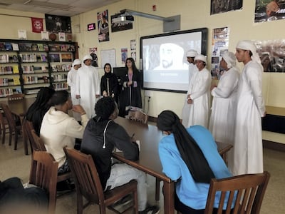 Students give their presentation on the UAE to a group of Grade 10 pupils at Loch Raven High School in Baltimore. Courtesy American International School in Abu Dhabi
