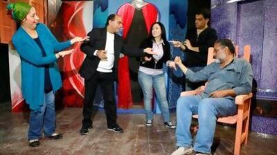 In rehearsal, from left, Abeer Gilali, Ahmed Yousef, Roula Al Halabi, Maher Mzowak and Sami Abdelhalim of the Sharjah-based group Al Hakawati.