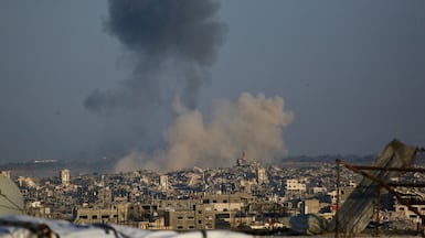 This picture taken from west of Jabalia in the Gaza Strip shows smoke rising after explosions carried out by the Israeli army inside the Green Line, northeast of Beit Lahia on Wednesday. AFP