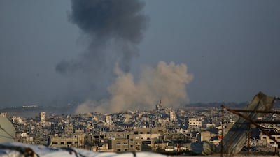 This picture taken from west of Jabalia in the Gaza Strip shows smoke rising after explosions carried out by the Israeli army inside the Green Line, northeast of Beit Lahia on Wednesday. AFP