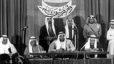 UAE Founding Father, the late Sheikh Zayed bin Sultan Al Nahyan, chairing a session of the Federal National Council - one of the five federal authorities of the UAE. Wam