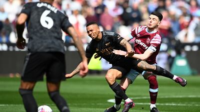 West Ham United's Declan Rice vies for the ball with Arsenal's Gabriel Jesus. EPA