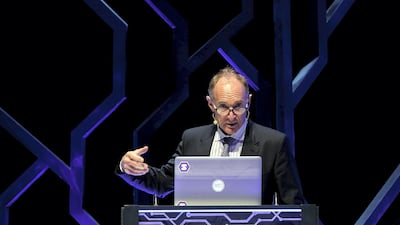 Sir Tim Berners-Lee, creator of the World Wide Web gestures during his speech on 'Future of Open Data' at the International Government Communication Forum 2018 in Sharjah. Satish Kumar / The National