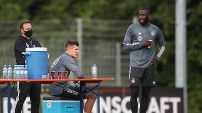 Toni Kroos and Antonio Ruediger look on during a training session at ADM-Sportpark ahead of Germany's Uefa Nations League group stage match against Spain. Getty Images