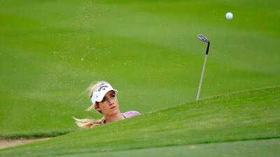 Paige Spiranac of the United States in action during her practice round as a preview for the 2015 Omega Dubai Ladies Masters on the Majlis Course at The Emirates Golf Club on December 7, 2015 in Dubai, United Arab Emirates. (Photo by David Cannon/Getty Images)