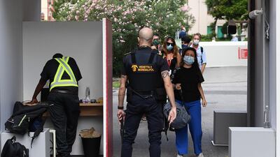 A thermal scan device checks the body temperature of people at the entrance of the 77th annual Venice International Film Festival. EPA